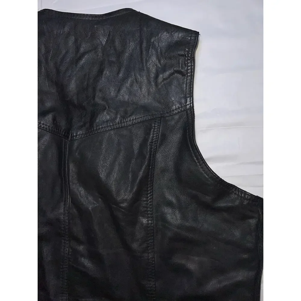 Vintage Leather Vest Men's Size 50 Black Snap Front Motorcycle Biker Harley USA